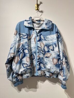 Vintage 80's Oversized Lightweight Palm Tree Blue White Bomber Jacket Medium